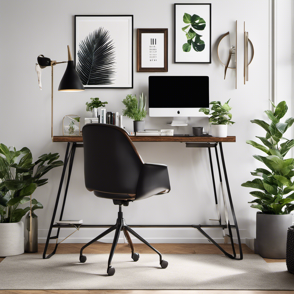 An image showcasing a sleek, modern office space adorned with vibrant wall art, potted plants, and a minimalist desk setup