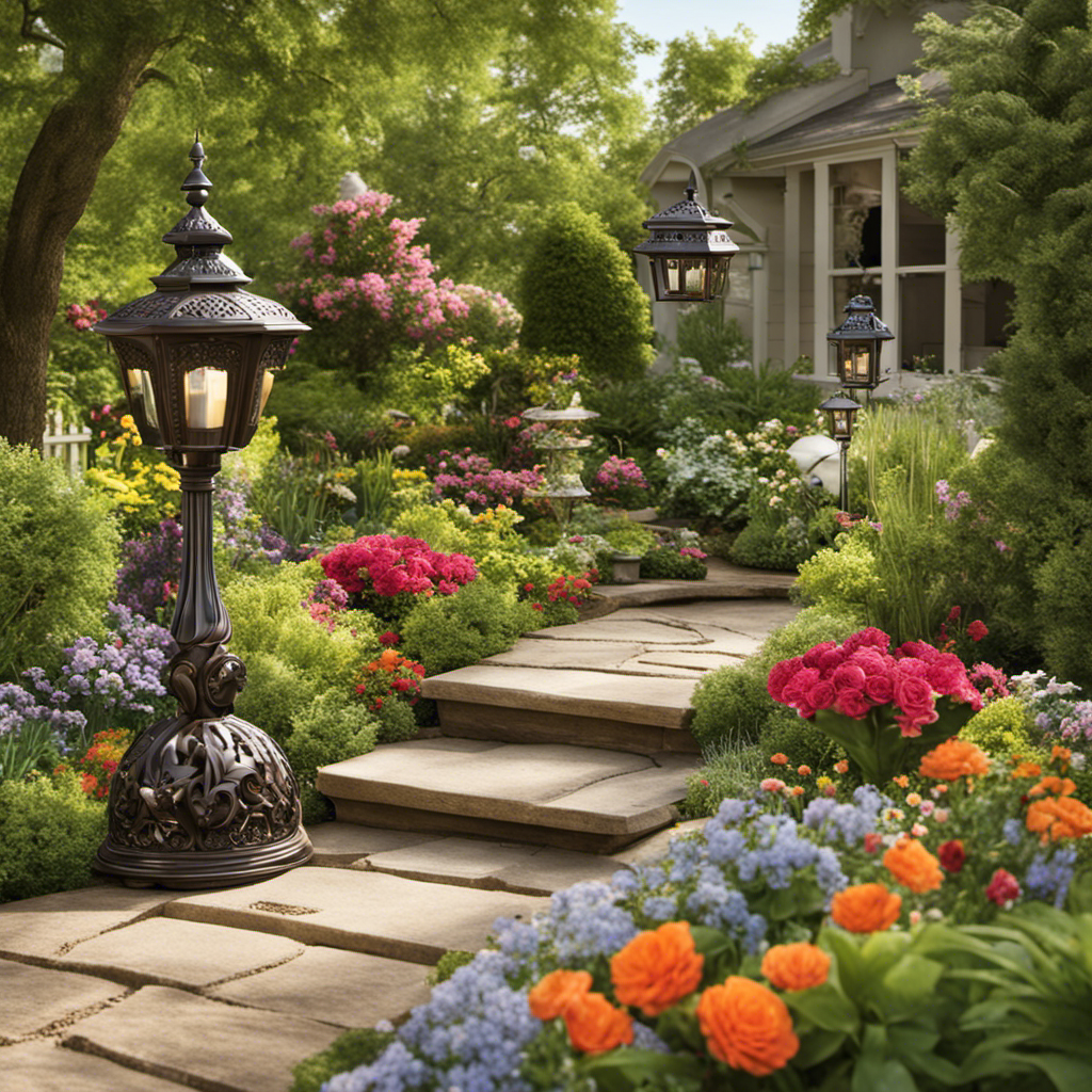 An image showcasing a lush garden with vibrant flower beds surrounded by a variety of outdoor decor options, including intricately designed bird feeders, hanging lanterns, decorative wind chimes, and elegant garden statues