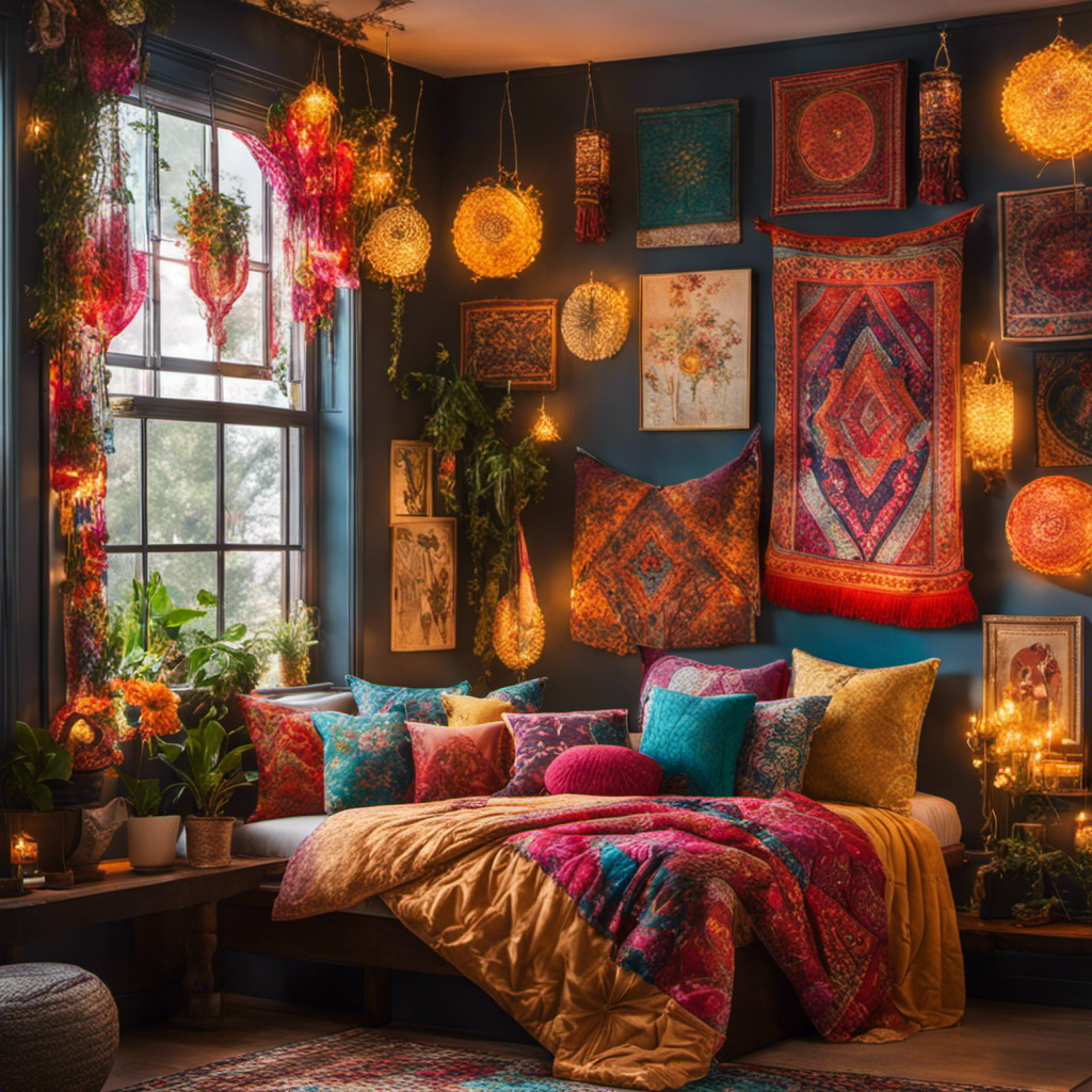An image showcasing a vibrant, sunlit room adorned with an eclectic mix of colorful tapestries, cozy throw pillows, elegant wall art, and whimsical fairy lights, capturing the essence of where to buy room decor