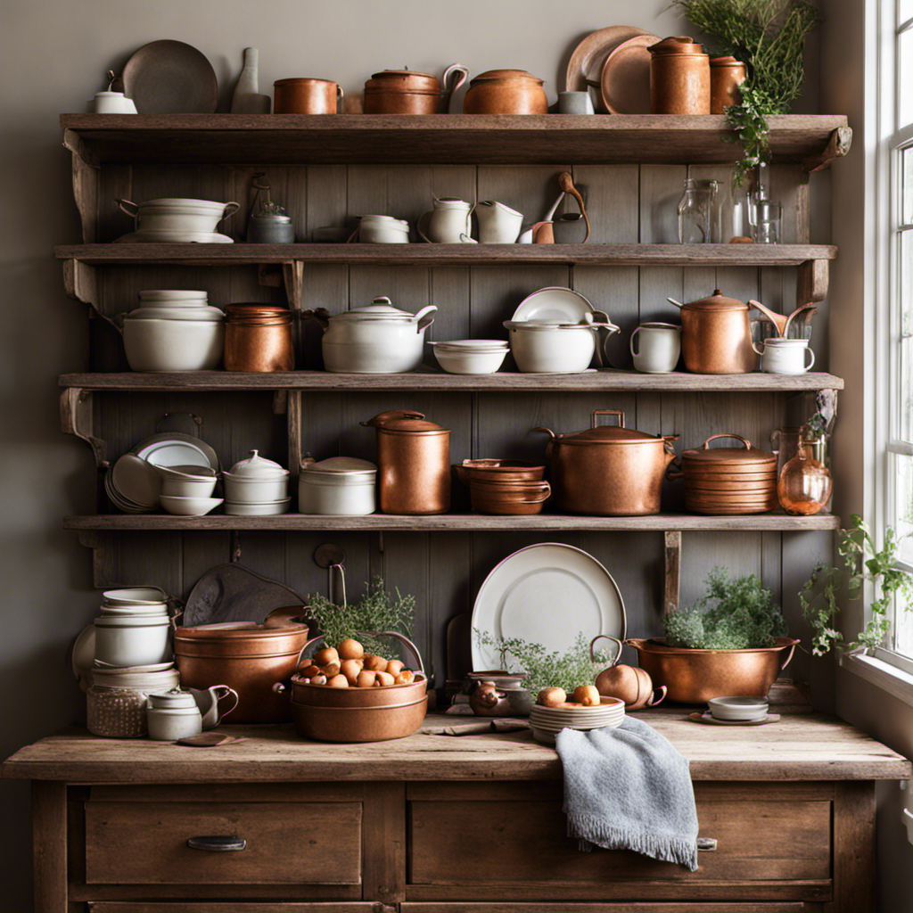 An image showcasing a cozy, sunlit farmhouse kitchen adorned with weathered wooden shelves lined with handcrafted pottery, vintage enamelware, and aged copper utensils, evoking the charm and simplicity of rustic decor