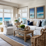 An image featuring a bright, airy living room adorned with nautical striped cushions, seashell table lamps, and coastal artwork