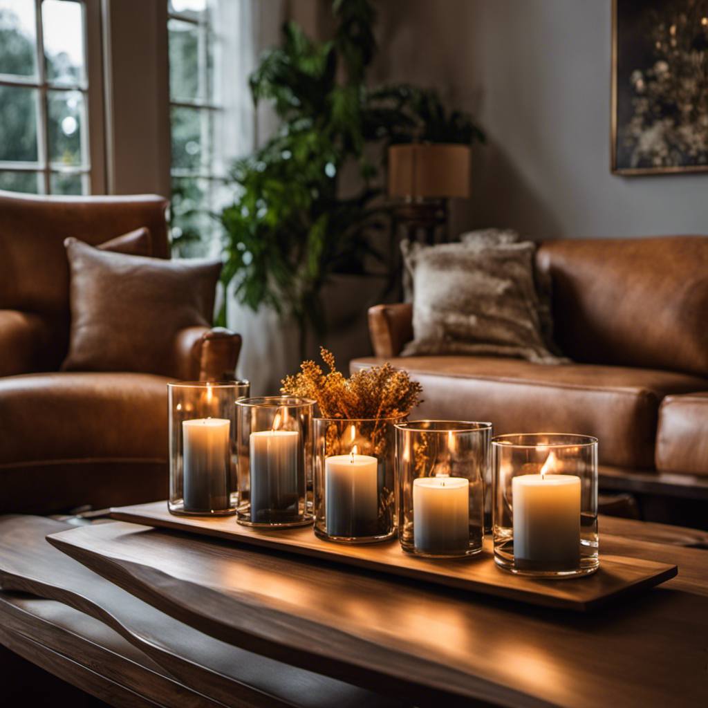 An image showcasing a cozy living room, adorned with a stylish wooden shelf filled with an array of Sweet Water Decor Candles in various scents and sizes, casting a warm and inviting glow