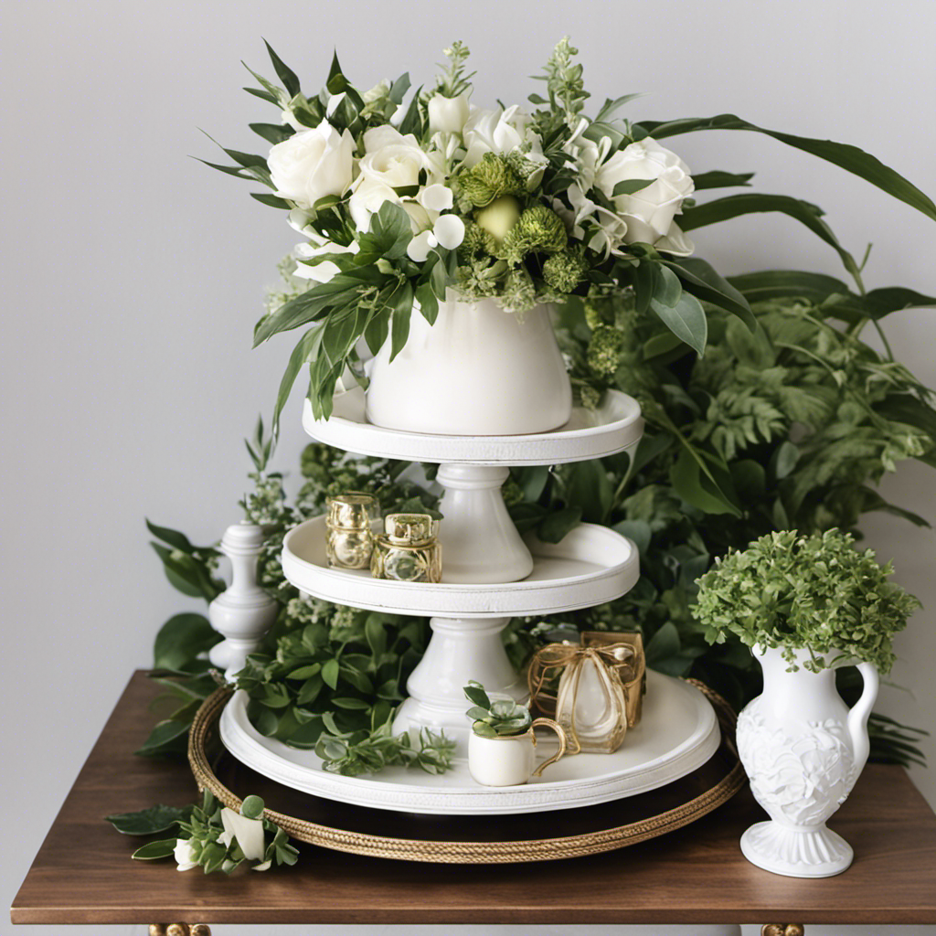 An image showcasing an exquisite tiered tray adorned with elegant trinkets, lush greenery, and delicate floral arrangements