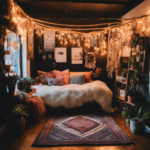 An image showcasing a cozy Tumblr-inspired room filled with fairy lights, dreamcatchers, vintage posters, and plush rugs