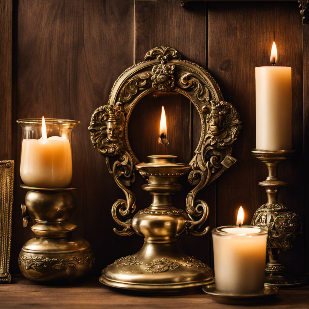 -up shot of an antique brass door knocker, surrounded by an assortment of vintage brass candle holders, bowls, and picture frames, displayed on a rustic wooden table in a cozy, well-lit antique store