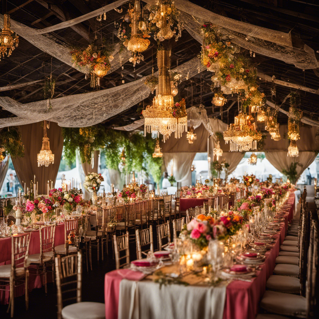 An image showcasing a vibrant flea market scene, with rows of elegant vintage vases, delicate lace tablecloths, and sparkling chandeliers hanging from the ceiling, offering a treasure trove of used wedding decor