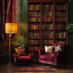 An image showcasing a cozy corner with a weathered wooden bookshelf, adorned with a diverse collection of vintage books in rich burgundy, emerald, and mustard hues