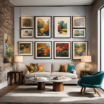 An image capturing a vibrant art gallery, with walls adorned in an array of eclectic paintings, framed photographs, and intricate tapestries