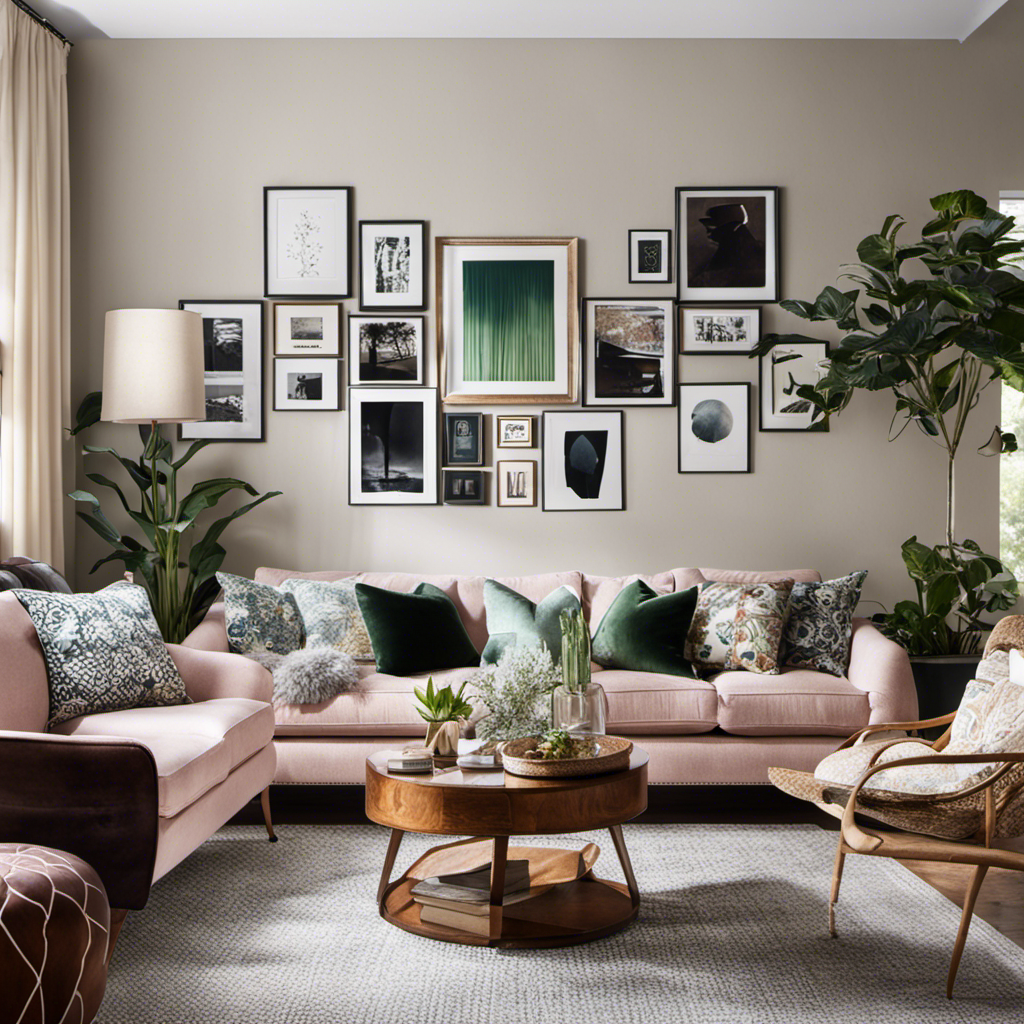 An image showcasing a cozy living room with a vibrant gallery wall, adorned with various art prints and framed photographs, purchased from different stores
