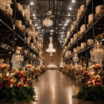 An image showcasing a vast warehouse with towering shelves filled with gleaming chandeliers, delicate lace tablecloths, and an array of vibrant floral arrangements, highlighting the abundance and variety of wedding decor available for bulk purchase