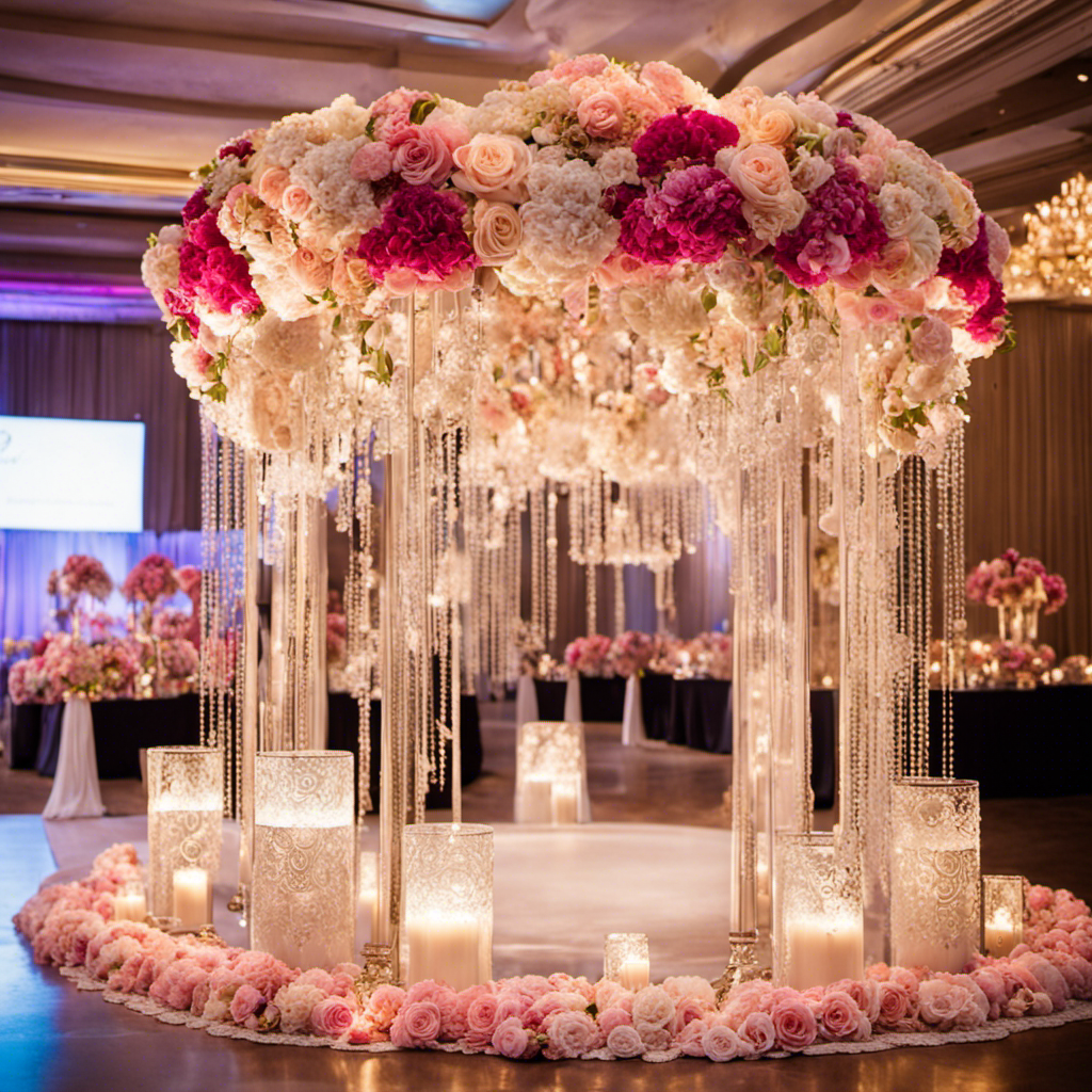An image showcasing a vibrant marketplace filled with elegant chandeliers, delicate floral arrangements, and aisle runners adorned with intricate lace patterns