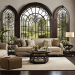 An image showcasing a rustic living room with a beautiful arched window adorned with intricate wrought iron wall decor