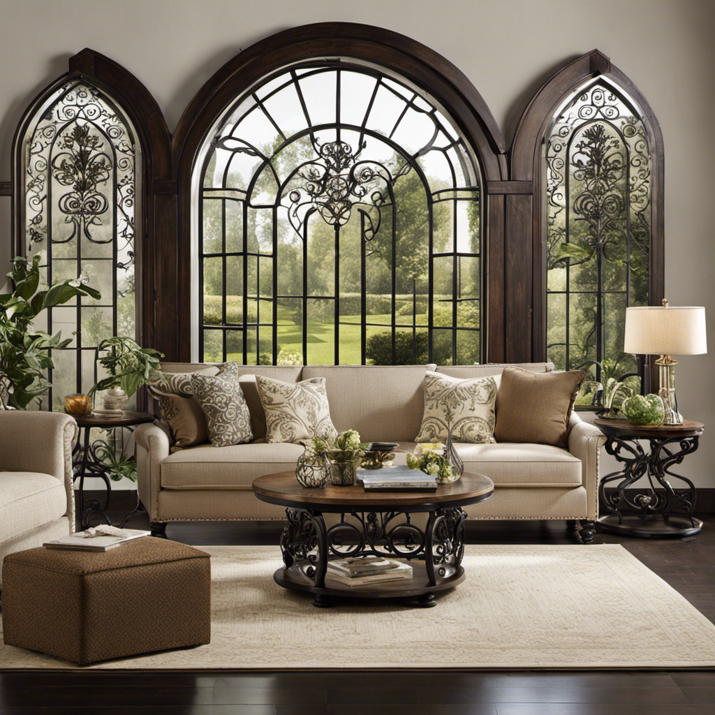 An image showcasing a rustic living room with a beautiful arched window adorned with intricate wrought iron wall decor