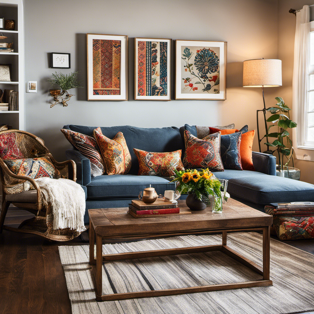An image showcasing a cozy living room, adorned with vibrant patterned throw pillows, a rustic wooden coffee table adorned with eclectic trinkets, and a gallery wall of assorted framed artwork