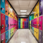 An image showcasing a vibrant high school hallway, bustling with lockers adorned in personalized decorations