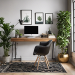 An image showcasing a stylish office desk adorned with vibrant potted plants, a sleek modern lamp, an inspiring wall art, and a cozy patterned rug, providing readers inspiration on where to find office decor