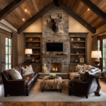 An image featuring a rustic living room adorned with a striking steer head wall decor, positioned above a weathered stone fireplace