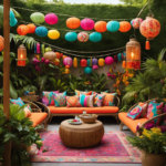 An image showcasing a vibrant outdoor patio adorned with colorful hanging lanterns, tropical-themed cushions, and a rattan daybed draped with bright patterned throws, offering inspiration for finding summer fun decor