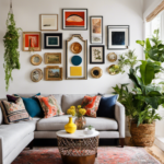 An image that showcases a vibrant living room with a gallery wall featuring an eclectic mix of framed artwork, vintage mirrors, and hanging planters, demonstrating inspiring ideas for finding unique wall decor