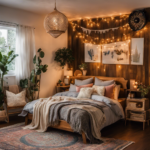 An image capturing a cozy bedroom with soft fairy lights delicately draped around a wooden bed frame, adorned with pastel-colored throw pillows, a macrame wall hanging, and a vintage record player on a patterned rug