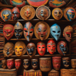An image showcasing a vibrant marketplace filled with intricate wooden masks, colorful handwoven baskets, and beautifully patterned textiles, capturing the essence of African decor