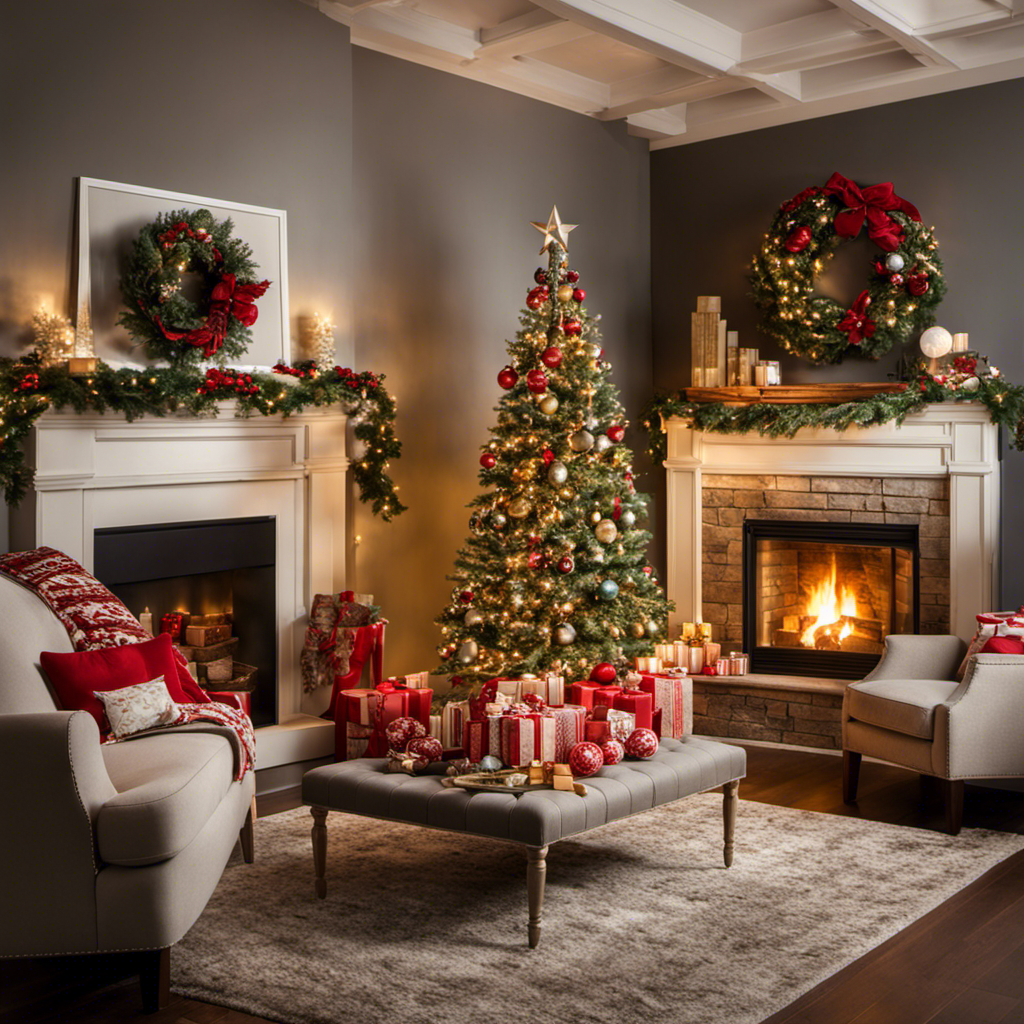 An image capturing a cozy living room adorned with twinkling lights and a beautifully decorated Christmas tree, surrounded by shelves filled with festive ornaments, wreaths, and garlands, showcasing the best places to find Christmas decor