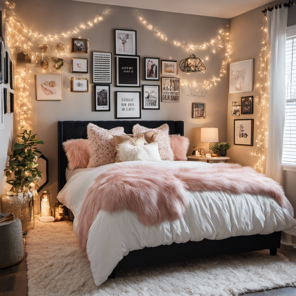 An image showcasing a cozy bedroom adorned with whimsical fairy lights, pastel-colored throw pillows, a fluffy faux fur rug, and a charming gallery wall filled with adorable animal prints and inspirational quotes