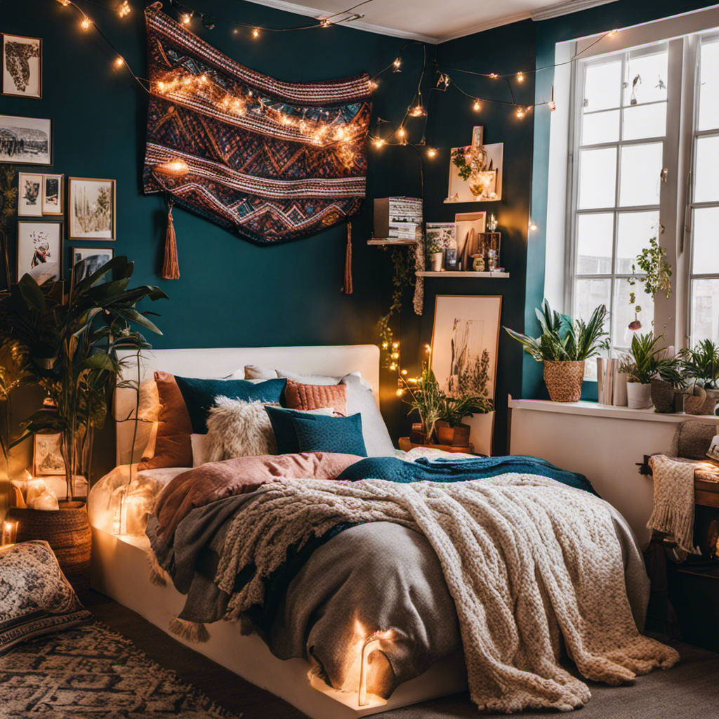 An image showcasing a vibrant dorm room filled with stylish and cozy decor essentials