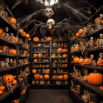 An image showcasing a vibrant Halloween store with an eerie, fog-filled entrance, adorned with life-sized skeletons hanging from the ceiling, shelves brimming with carved pumpkins, spider webs, and shelves lined with assorted ghoulish decorations