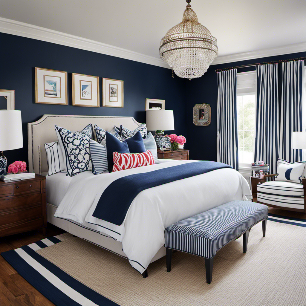 An image showcasing a bright and airy bedroom with a classic navy and white color scheme