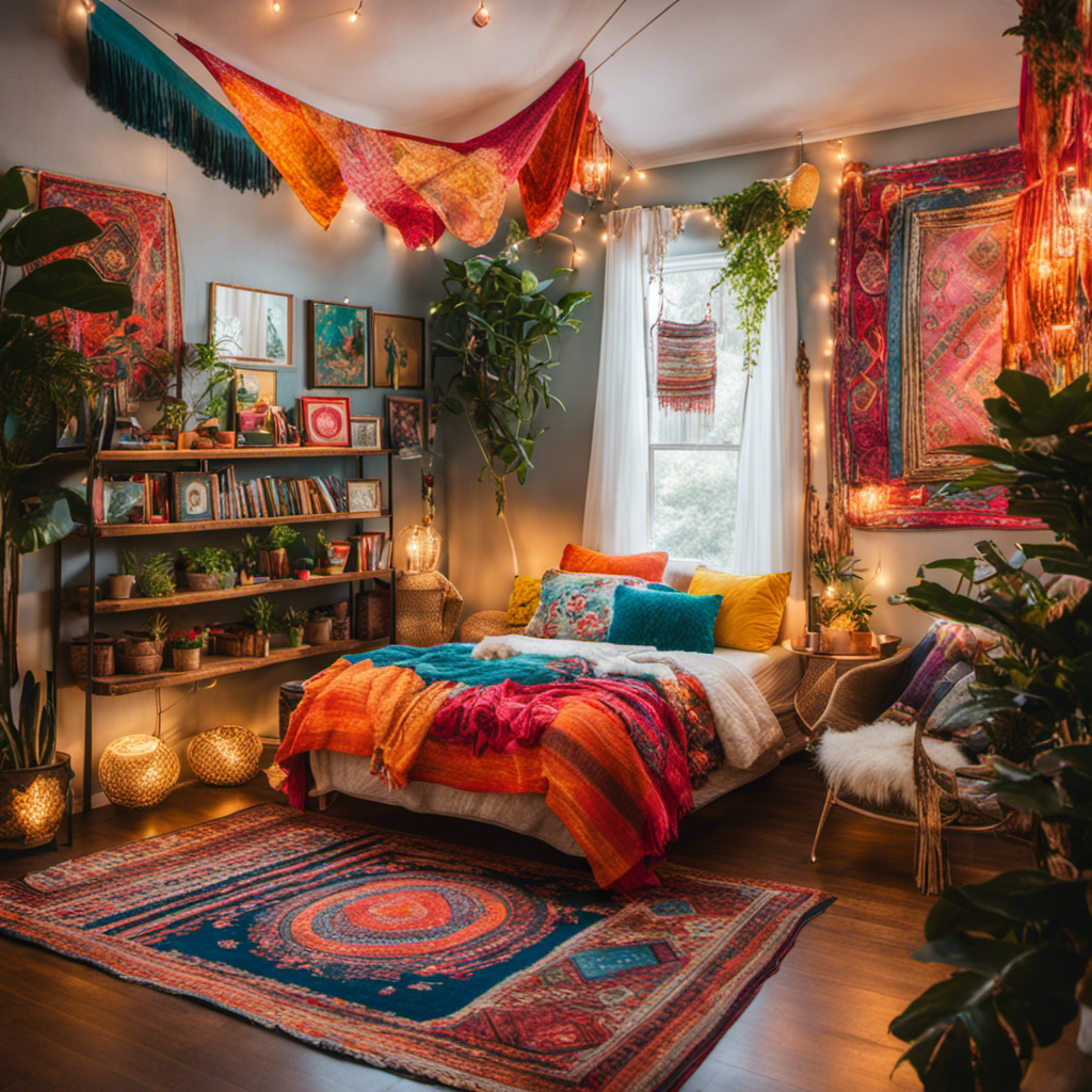 An image showcasing a vibrant bedroom with an assortment of unique decor items, including colorful tapestries, vintage picture frames, hanging macramé planters, and a cozy reading nook with plush cushions and string lights
