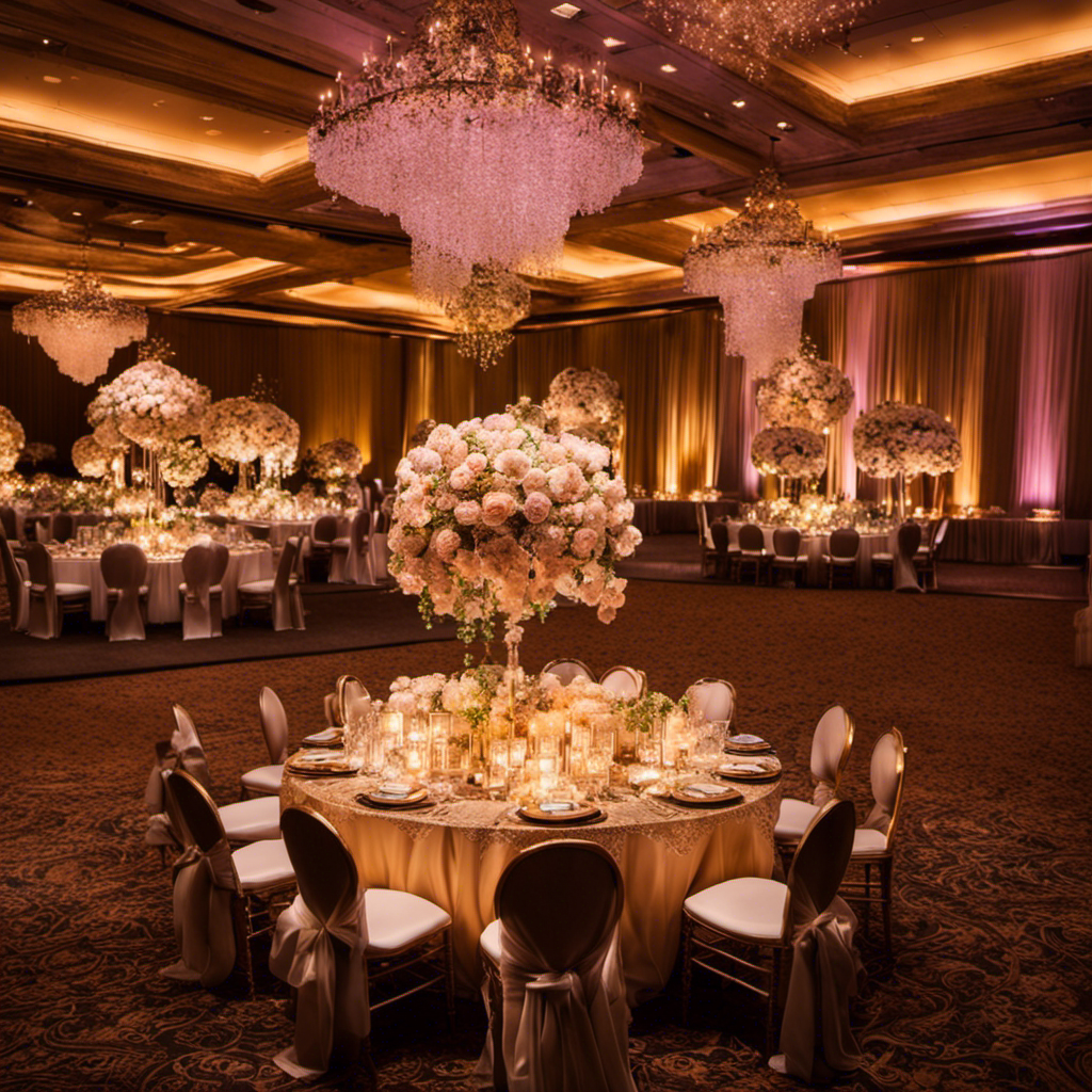 An image that showcases an array of elegantly arranged wedding decor rentals, ranging from exquisite table centerpieces adorned with delicate flowers and twinkling fairy lights, to luxurious drapery and ornate chandeliers suspended from a lofty ceiling