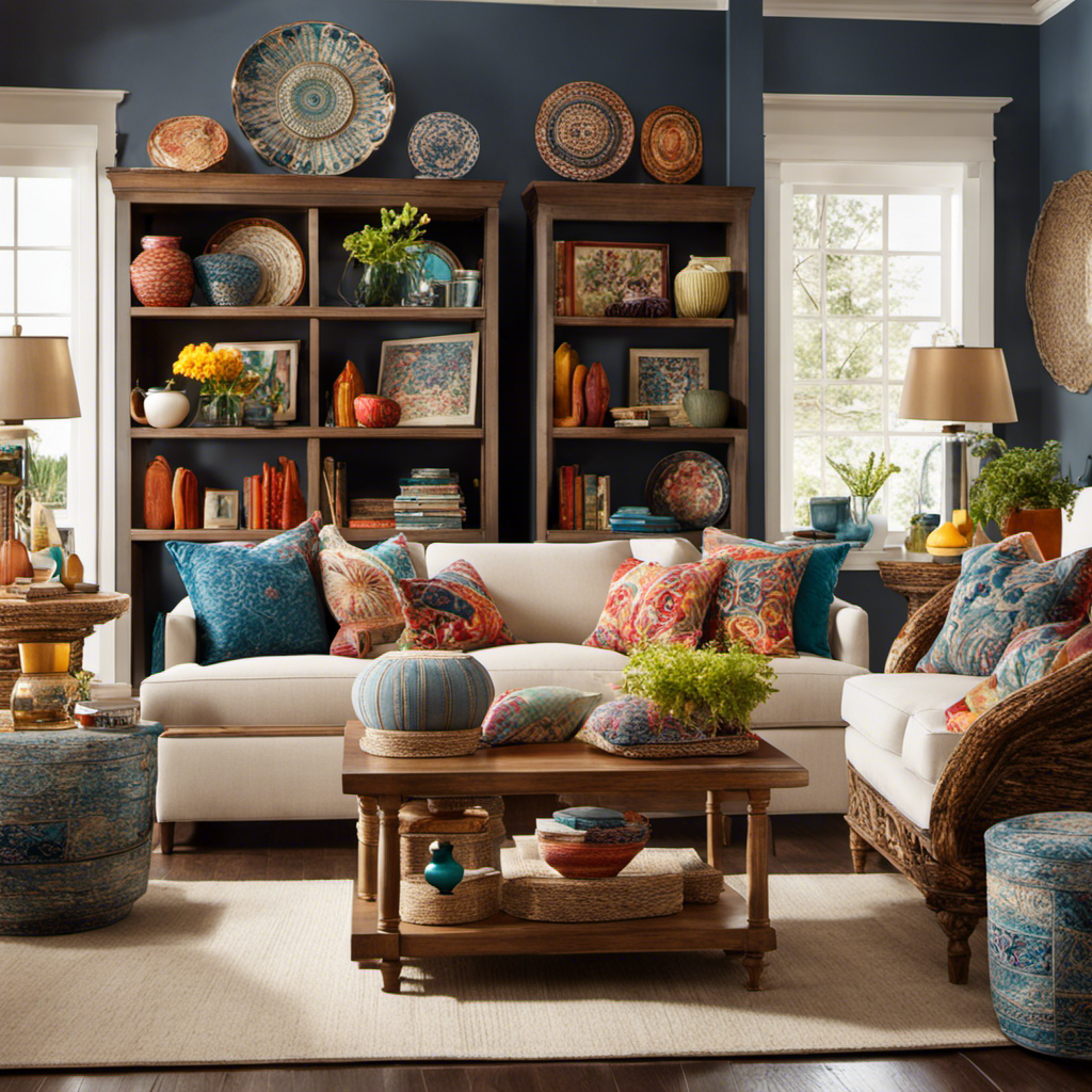 An image showcasing a cozy living room adorned with vibrant pillows, elegant wall art, and intricate handmade ceramics