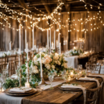 An image capturing a variety of elegant wedding decorations displayed on a rustic wooden table surrounded by soft, natural lighting