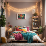 An image showcasing a vibrant, trendy dorm room with a cozy rug, fairy lights delicately draped around a stylish loft bed, a gallery wall adorned with personalized photos, and a colorful tapestry as a focal point