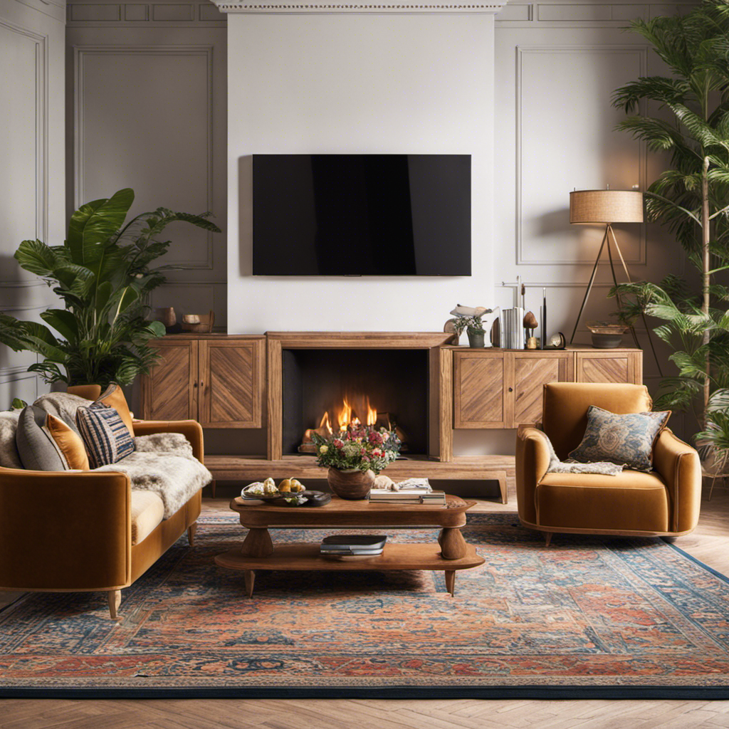 An image showcasing a cozy living room, adorned with unique handcrafted wooden furniture, plush velvet cushions, and a vibrant rug