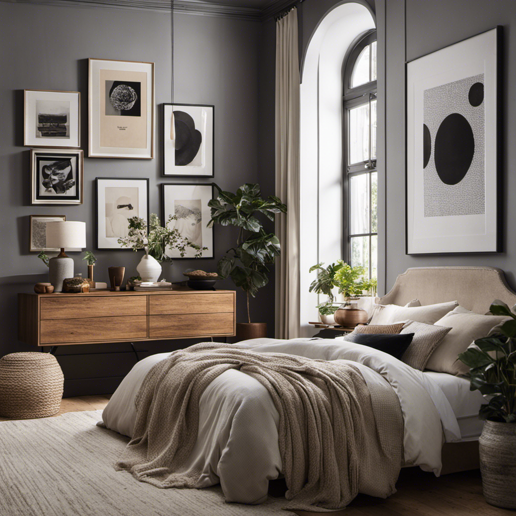 An image that showcases a cozy bedroom with a stylish gallery wall displaying various art prints, while a shelf on the side exhibits trendy decorative items like scented candles, potted plants, and intricate ceramic vases