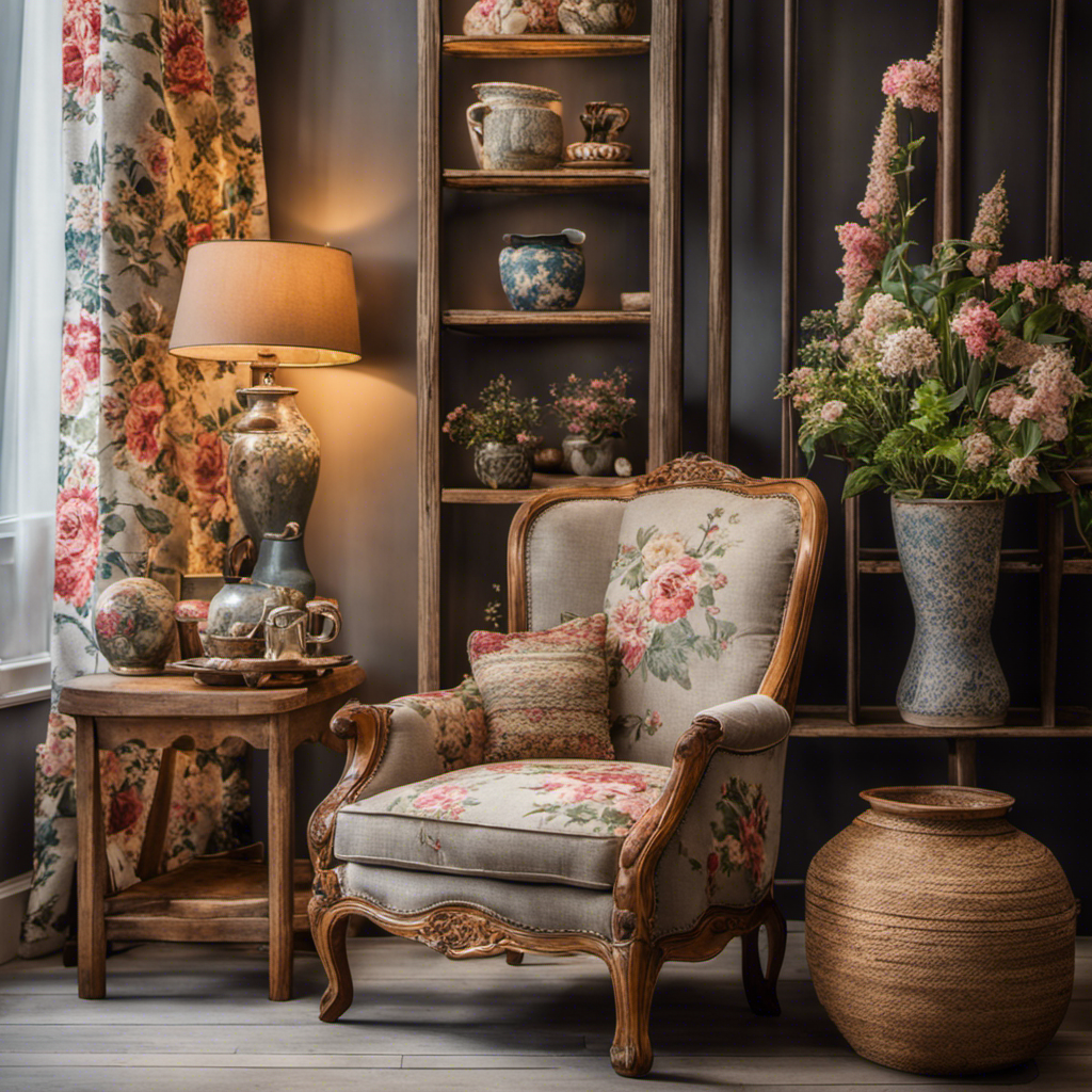 An image showcasing a cozy living room with a vintage armchair, delicate floral curtains, and unique handcrafted ceramics displayed on a rustic wooden shelf, offering inspiration for finding the perfect home decor