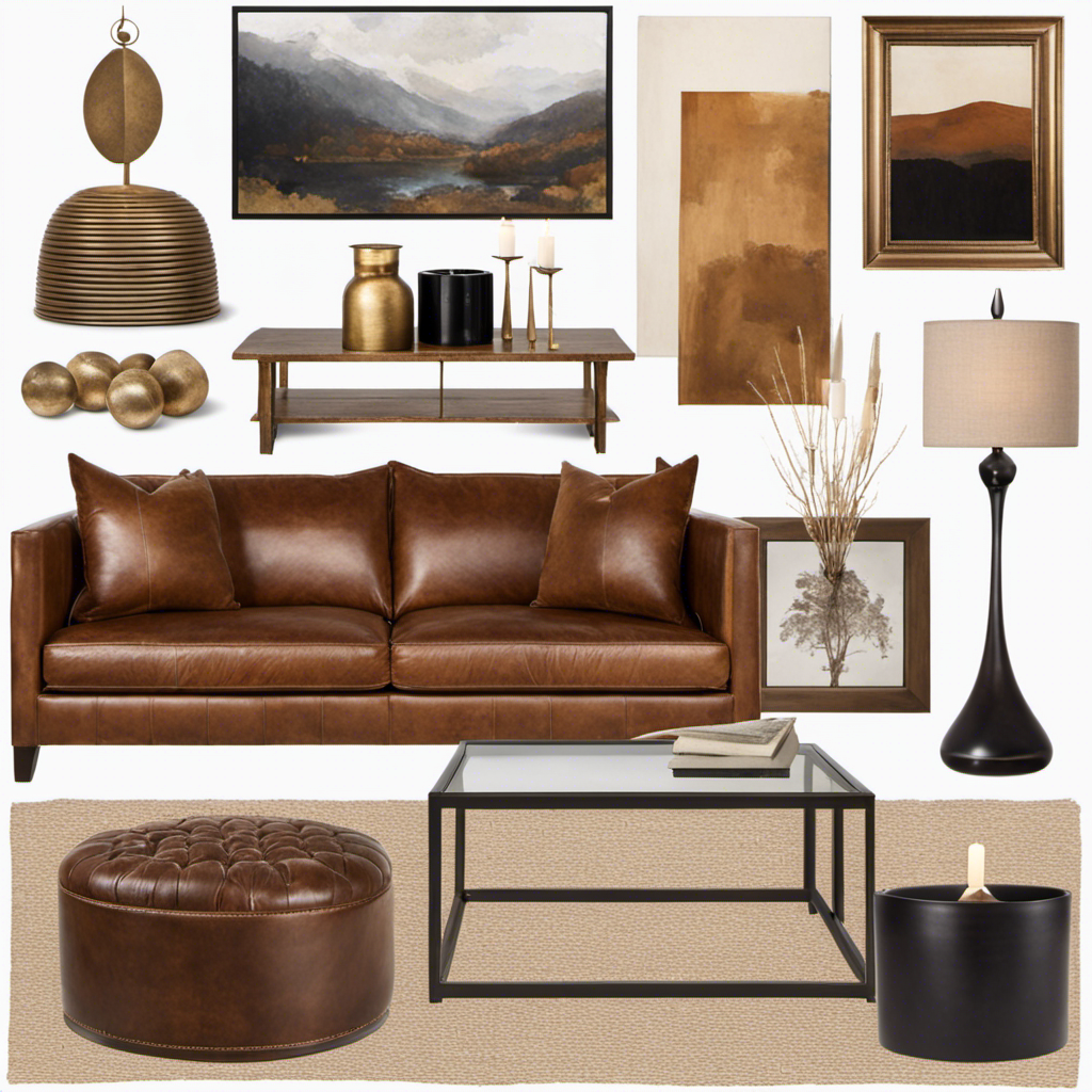 An image showcasing a cozy living room with warm earth tones, a plush leather sofa, a rustic wooden coffee table adorned with a vintage brass candle holder, and a gallery wall featuring abstract paintings and black-and-white photographs