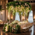 An image showcasing a whimsical wedding scene with lush greenery cascading from above