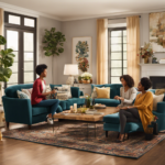 An image showcasing a diverse group of individuals in a beautifully decorated living room, each person engaging with various home decor items – a young professional admiring artwork, a couple discussing furniture choices, and a family enjoying a cozy rug