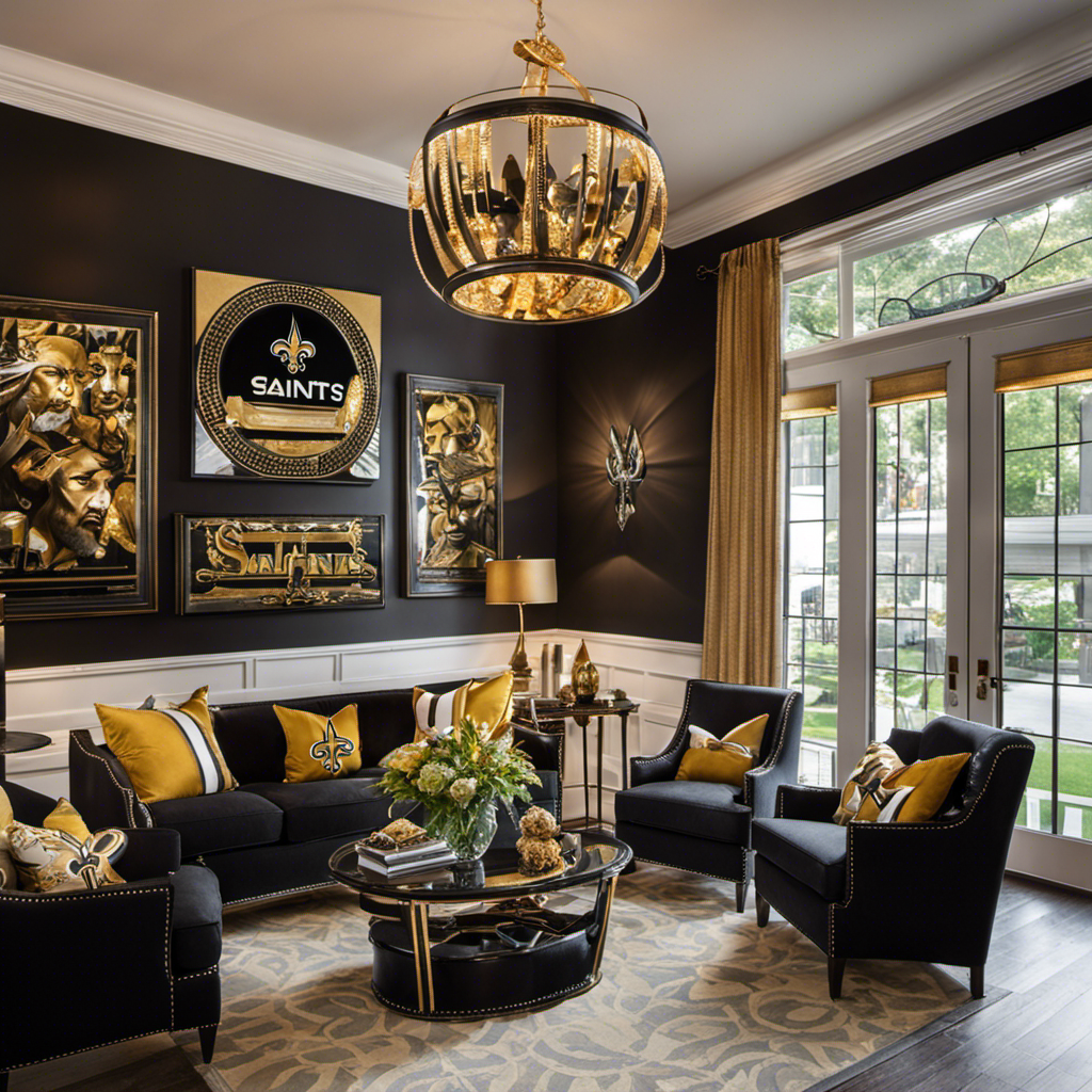 An image showcasing a vibrant, festive living room adorned with New Orleans Saints-themed décor