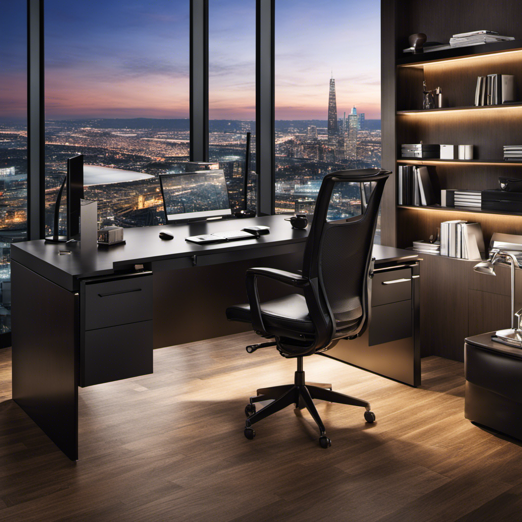 An image showcasing a stylish, modern office with a panoramic view of a bustling city skyline