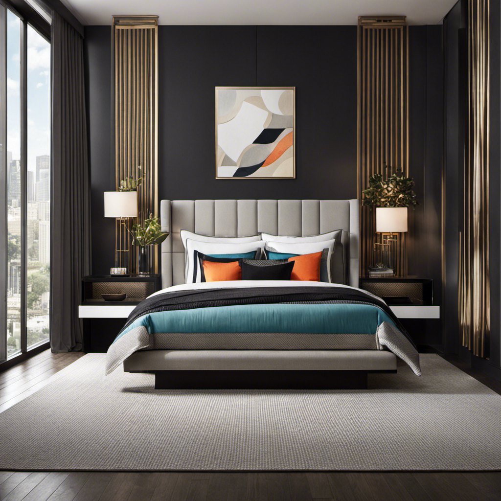 An image showcasing a sleek modern bedroom with a luxurious bedding set