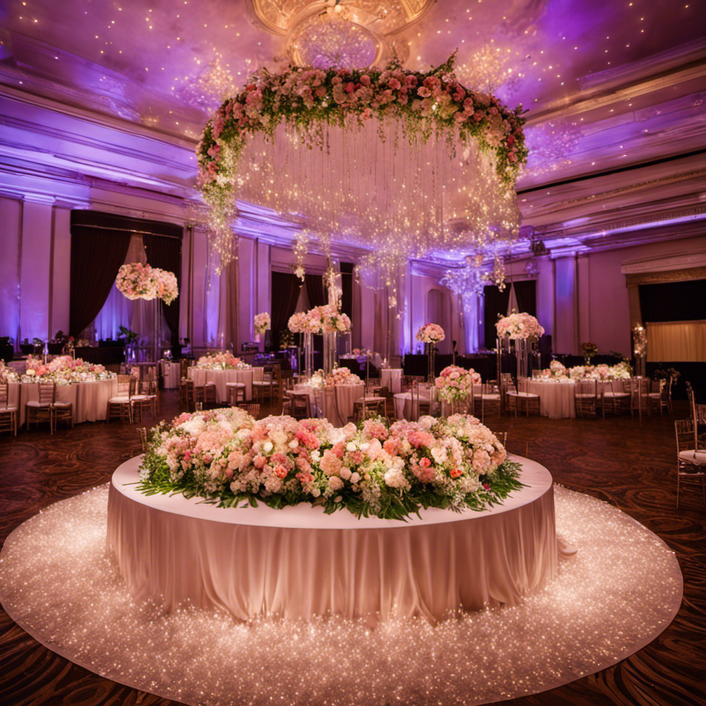 An image showcasing the intricate dance of skilled decorators meticulously arranging elegant floral centerpieces, draping flowing fabrics, and delicately placing sparkling fairy lights, to bring a magical atmosphere to a wedding venue