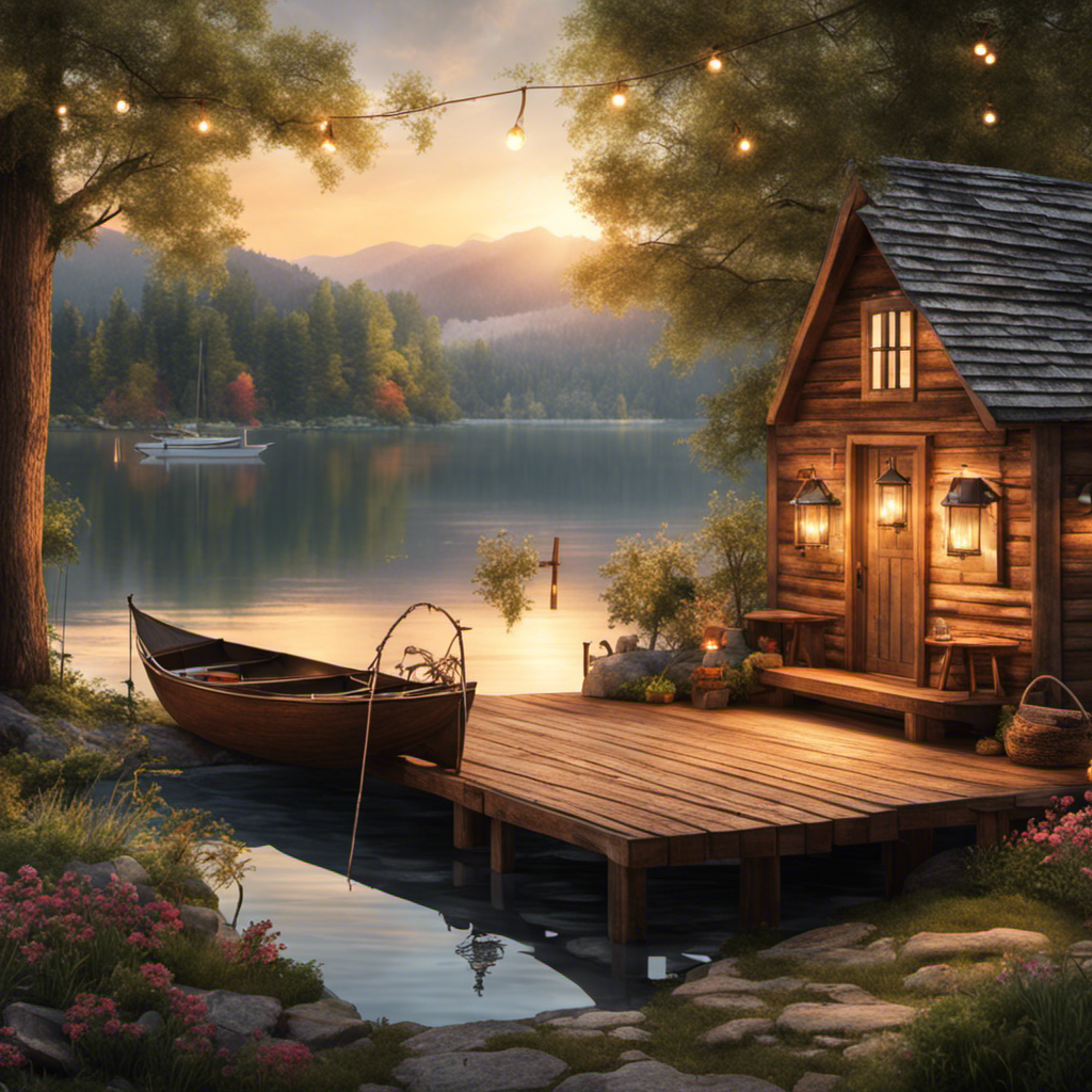 An image showcasing a serene lakeside scene with a cozy lakeside cabin, adorned with rustic wooden furniture, vintage lanterns, and dreamy string lights