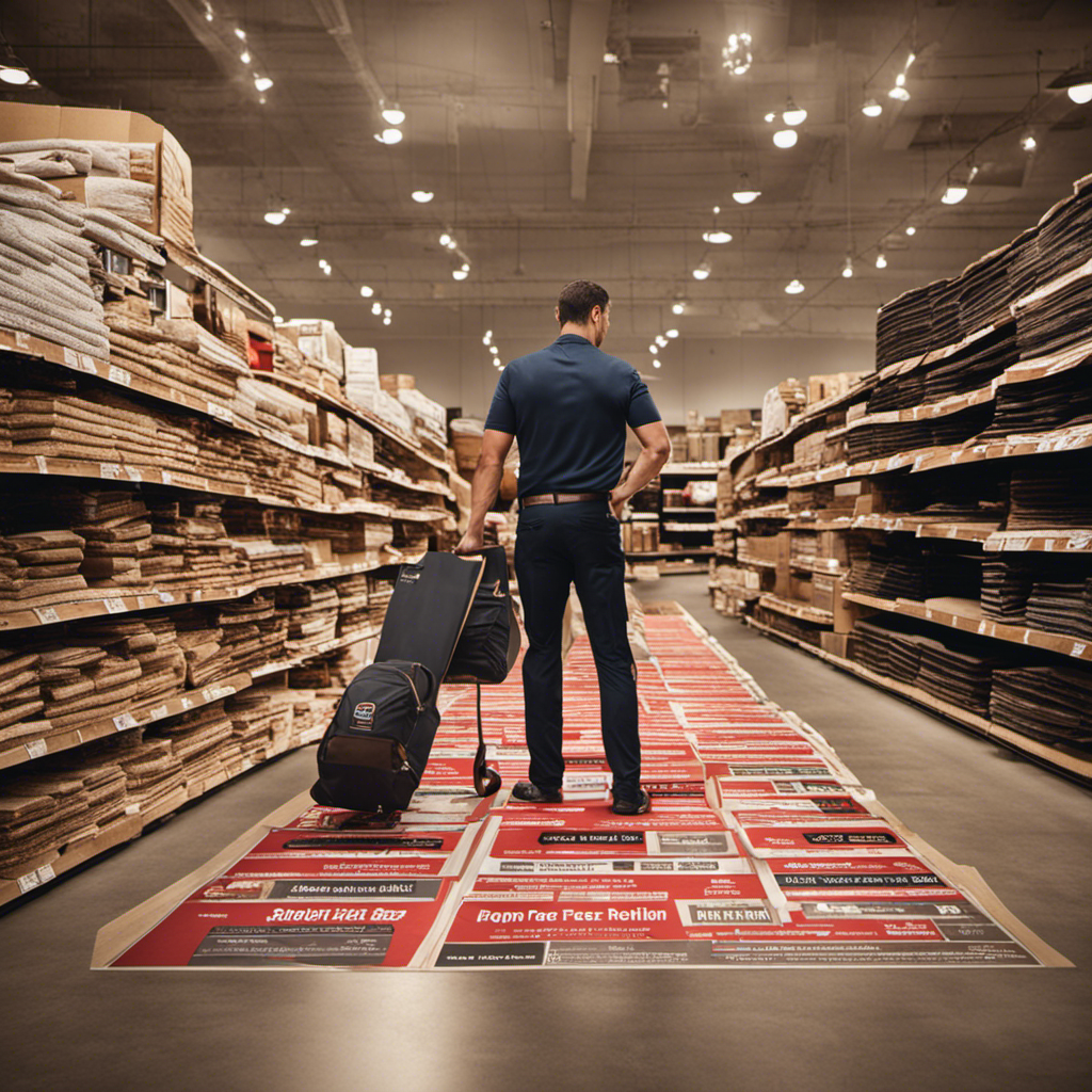 An image showcasing a customer eagerly shopping for flooring at Floor and Decor's store, while a puzzled expression appears as they notice a price tag labeled "Shipping to Store Fee
