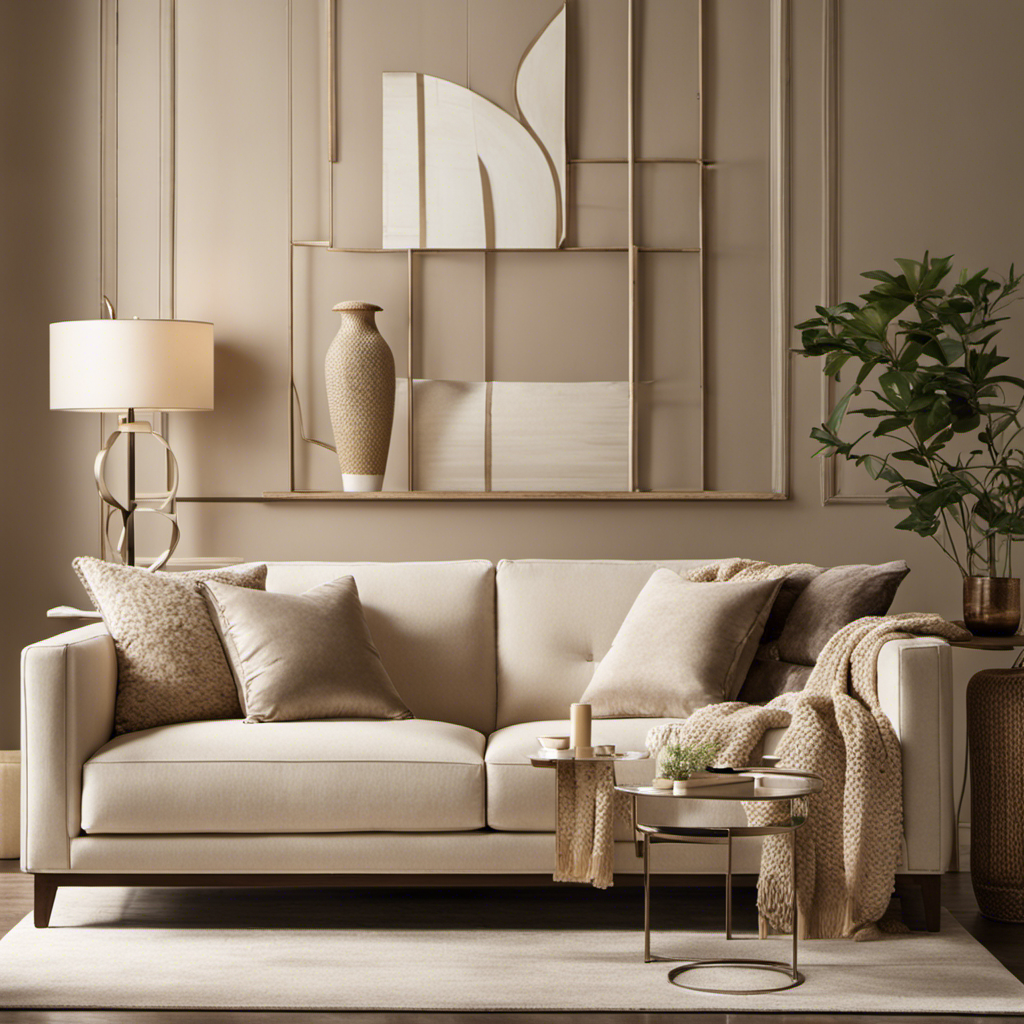 An image showcasing a living room with a minimalist design, flooded in a harmonious palette of earthy tones