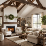 An image showcasing a cozy living room with rustic wooden beams, distressed white furniture, and vintage accents
