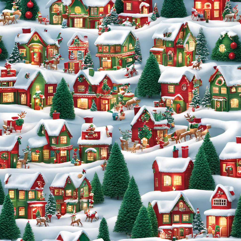 An image showcasing a suburban neighborhood with rows of houses adorned with vibrant Christmas lawn decor, including inflatable snowmen, sparkling reindeer, and illuminated Santa sleighs, evoking a festive atmosphere